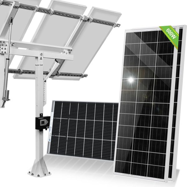 eco worthy 600w solar panel tracker system: 3pcs bifacial 195w monocrystalline solar panels, single axis solar tracking kit with tracker controller for shed farm yard hut field and any off grid