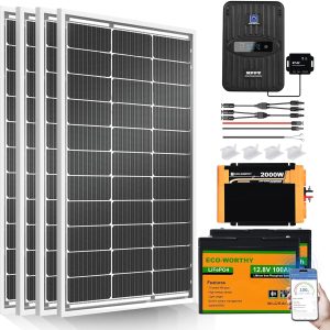 eco worthy 1.6kwh complete solar panel kit 400w 12v for rv off grid: 4 * 100w solar panel + 40a mppt controller + 2 * 12v 100ah lithium battery + upgraded 2000w power inverter + bluetooth module
