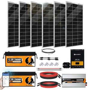 [ultra] eco worthy 1200w 24v 5.52kwh lithium battery solar system off grid:6pcs 195w bifacial solar panels+2pcs 12.8v 280ah lithium battery+60a mppt charge controller+3000w pure sine wave inverter