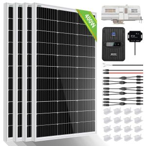 eco worthy 400 watt 12 volt premium solar panel kit :4pcs 100w solar panel+ 40a mppt charge controller+ bluetooth module+ mounting z brackets, 400w 12v solar power off grid system for home, rv, boat.