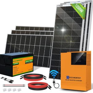 eco worthy 4.8kwh solar power complete kit 1200w 24v with lithium battery and inverter for home: 6pcs 195w bifacial solar panel + 1pc 25.6v 100ah li battery + 3000w mppt hybrid charger inverter