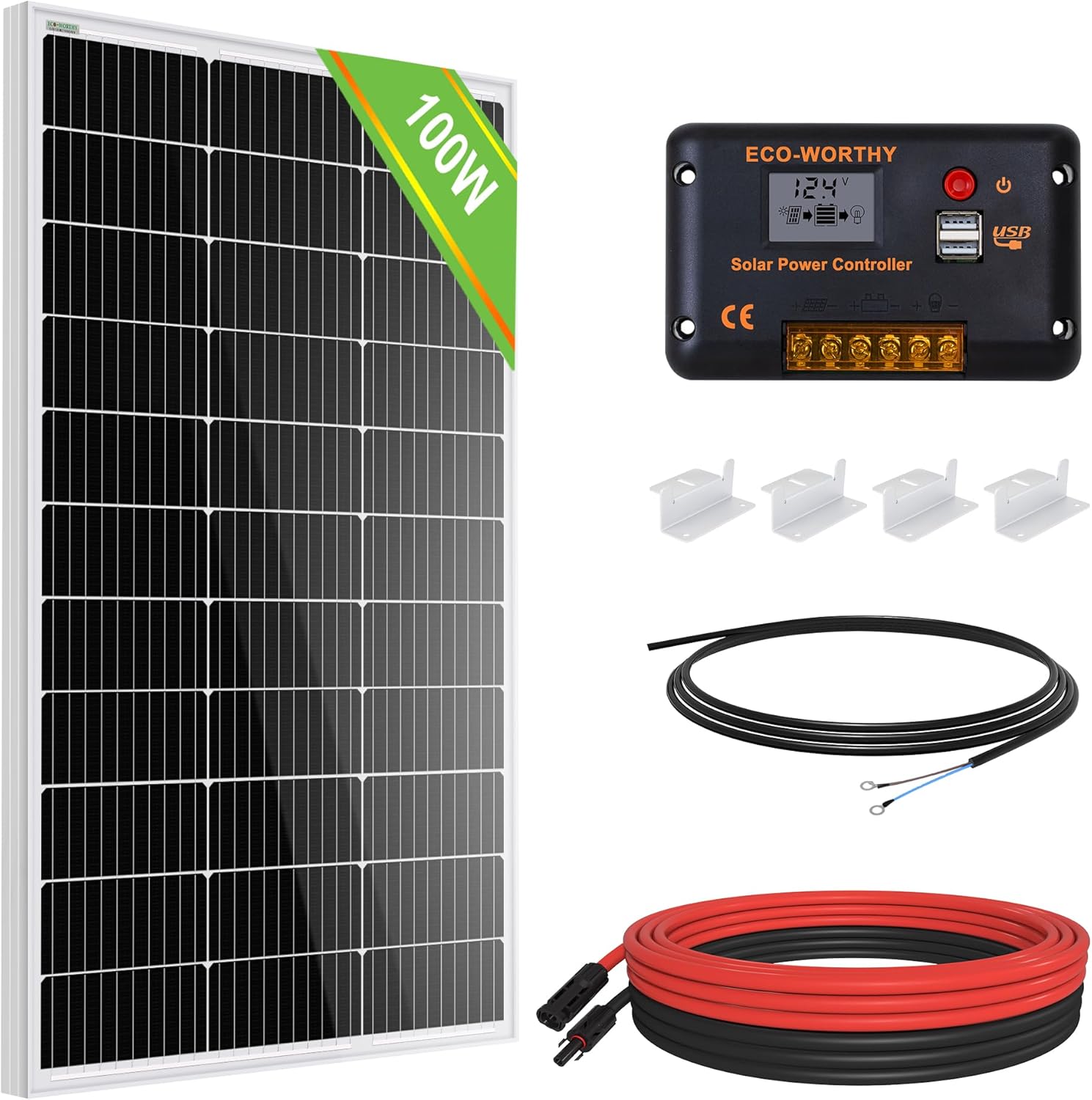 eco worthy 100 watt 12 volt solar panel kit for rv battery boat trailer cabin garden shed home: 100w solar panel+30a pwm charge controller+ tray cable + z mounting brackets