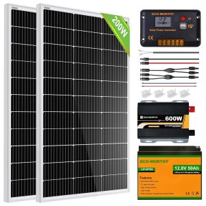 eco worthy 200 watt 12v complete solar panel starter kit for rv off grid with battery and inverter: 200w solar panels+30a charge controller+50ah lithium battery+600w solar power inverter