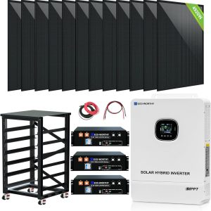 eco worthy home off grid solar power system: 10kw 120v/240v output+ 15.36kwh lithium battery (3 * 48v100ah)+ 4920w solar panel (12 * 410w)，complete hybrid solar kit plug and play