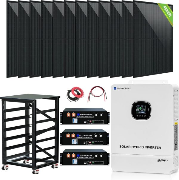 eco worthy home off grid solar power system: 10kw 120v/240v output+ 15.36kwh lithium battery (3 * 48v100ah)+ 4920w solar panel (12 * 410w)，complete hybrid solar kit plug and play